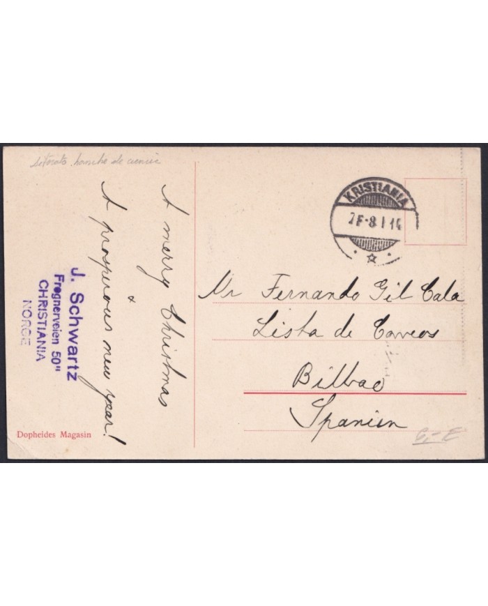 F-EX47732 NORWAY NORGE 1914 POSTCARD TO SPAIN. ST HANSHAUGEN MONUMENT.