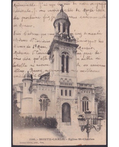 F-EX47744 MONACO 1913 POSTCARD MONTECARLO CHURCH ST CHARLES TO SPAIN.