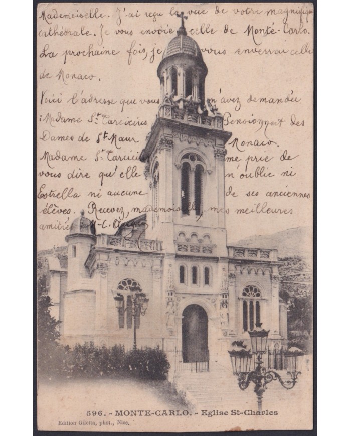 F-EX47744 MONACO 1913 POSTCARD MONTECARLO CHURCH ST CHARLES TO SPAIN.