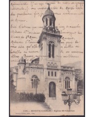 F-EX47744 MONACO 1913 POSTCARD MONTECARLO CHURCH ST CHARLES TO SPAIN.