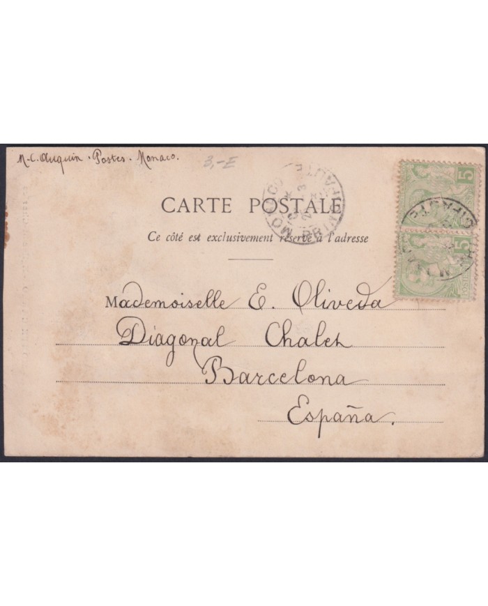 F-EX47744 MONACO 1913 POSTCARD MONTECARLO CHURCH ST CHARLES TO SPAIN.