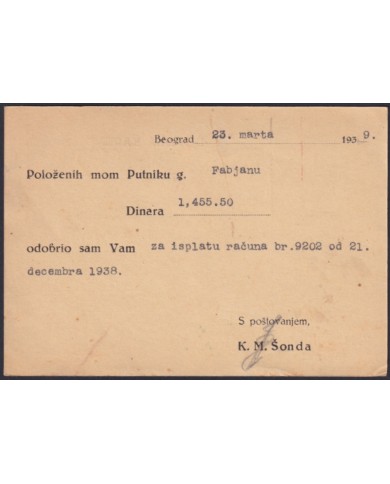 F-EX47761 YUGOSLAVIA 1939 POSTAL MATTER PIGNEY BOWES.