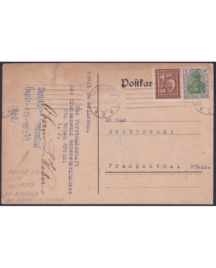 F-EX47894 GERMANY 1922 1 MARK MUNICH TO FRANKFURT GERMANIA CARD.