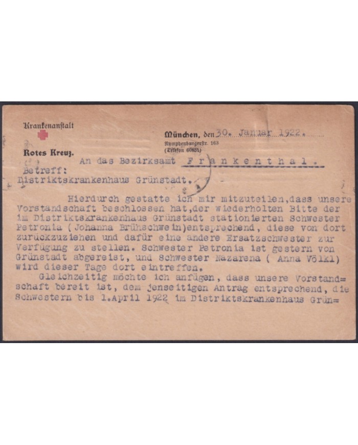 F-EX47894 GERMANY 1922 1 MARK MUNICH TO FRANKFURT GERMANIA CARD.
