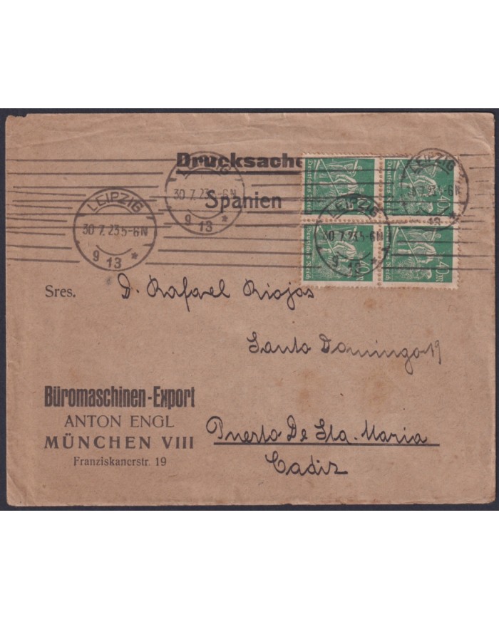 F-EX47893 GERMANY 1923 LEIPZIG TO CADIZ SPAIN INFLATION COVER.
