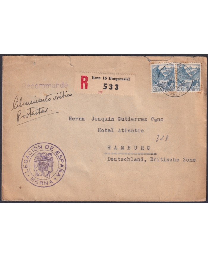 F-EX47775 SWITZERLAND 1948 SPANISH CONSULATE COVER TO GERMANY BRITISH ZONE.