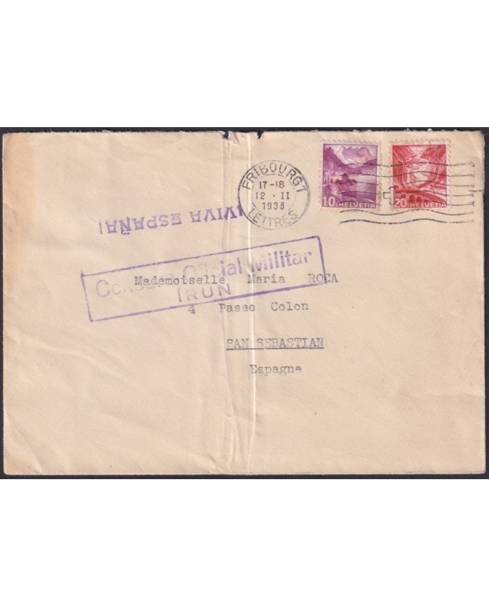F-EX47773 SWITZERLAND 1938 FRIBOURG TO IRUN CENSORSHIP CENSURA MILITAR.