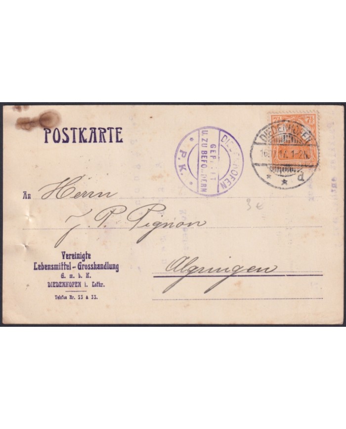 F-EX47784 GERMANY WWI CENSORSHIP PK DIEDENHOFEN BUSSINES CARD.