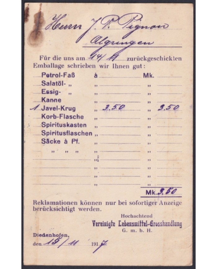 F-EX47784 GERMANY WWI CENSORSHIP PK DIEDENHOFEN BUSSINES CARD.