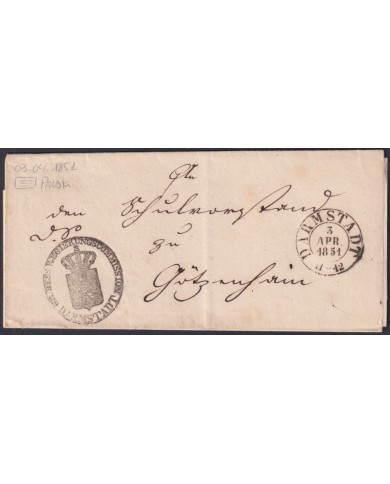 F-EX47789 GERMANY 1851 PRUSSIA DARMSTADT OFFICIAL STAMPLESS COVER.