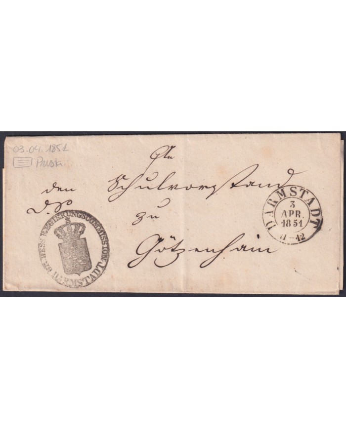 F-EX47789 GERMANY 1851 PRUSSIA DARMSTADT OFFICIAL STAMPLESS COVER.