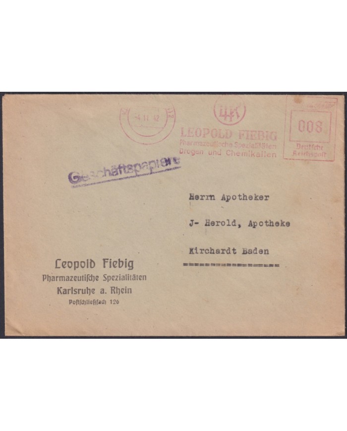 F-EX47792 GERMANY 1942 PIGNEY BOWES MACHINE RED SPECIAL CANCEL LEOPOLD FIEBIG.