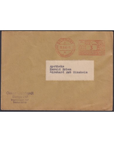 F-EX47793 GERMANY 1942 PIGNEY BOWES MACHINE RED SPECIAL CANCEL EAGLE BIRD.