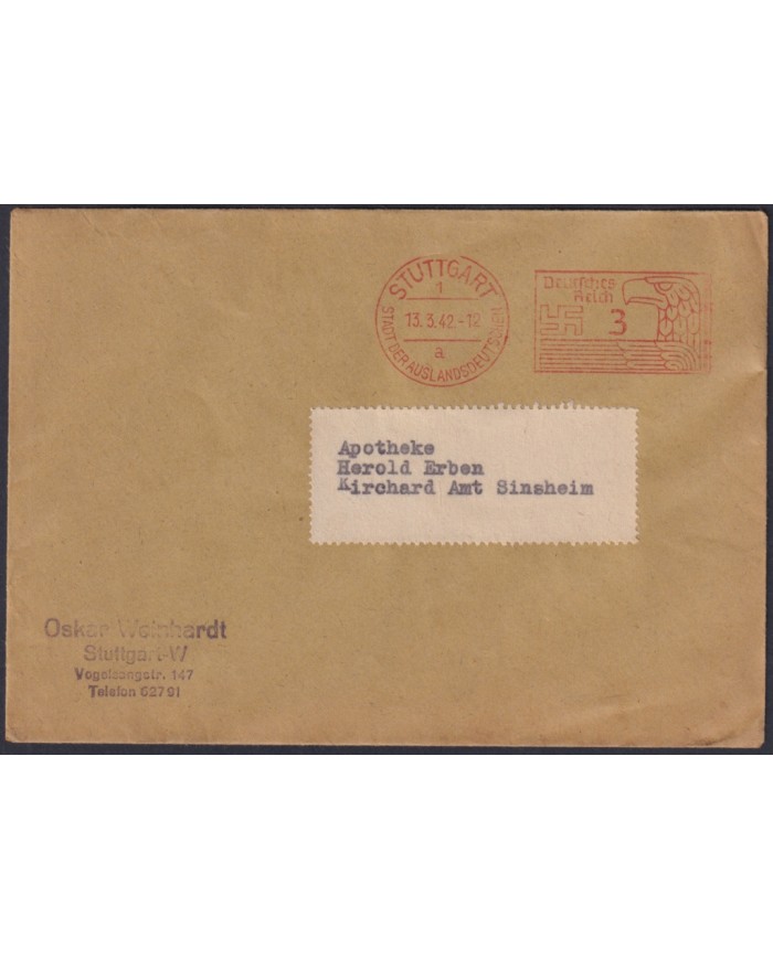 F-EX47793 GERMANY 1942 PIGNEY BOWES MACHINE RED SPECIAL CANCEL EAGLE BIRD.