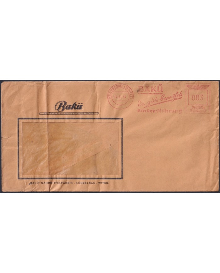 F-EX47798 GERMANY 1944 PIGNEY BOWES MACHINE RED CANCEL BAKU KINDER NAHRUNG.