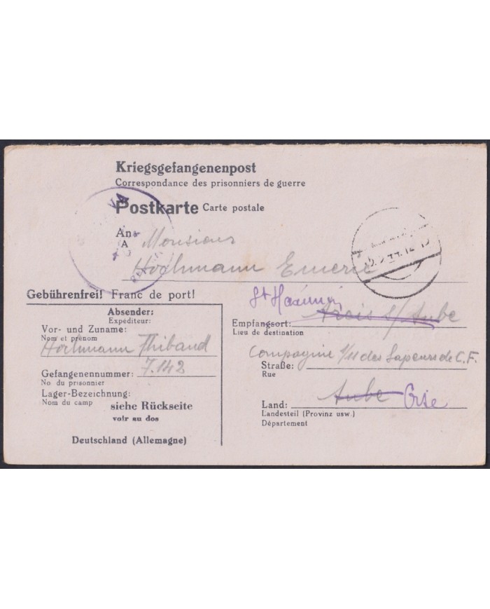 F-EX47810 GERMANY 1944 WWII POW KRIEGSGEFANGENENPOST TO FRANCE.
