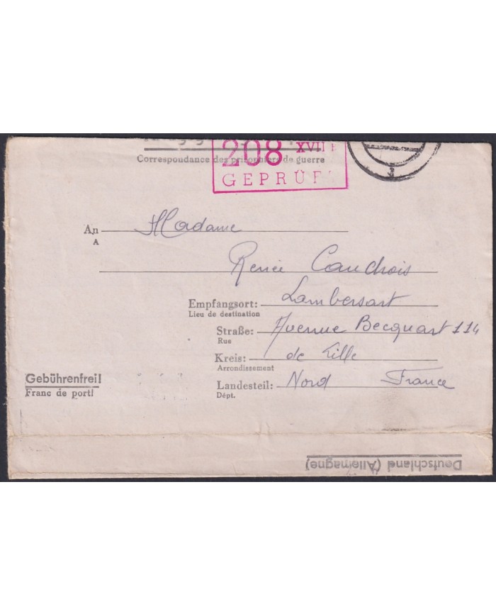 F-EX47811 GERMANY 1944 WWII POW STALAG 208 KRIEGSGEFANGENENPOST TO FRANCE.