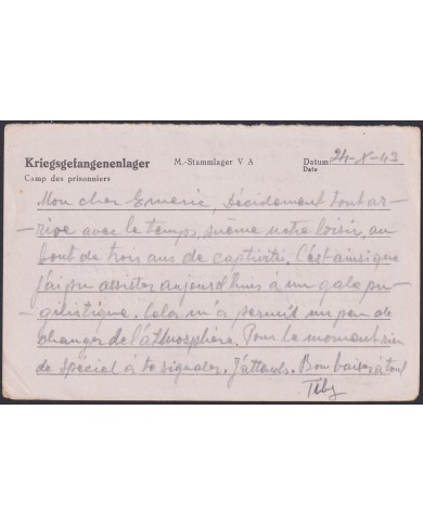 F-EX47812 GERMANY 1943 WWII POW STALAG VA KRIEGSGEFANGENENPOST TO FRANCE.