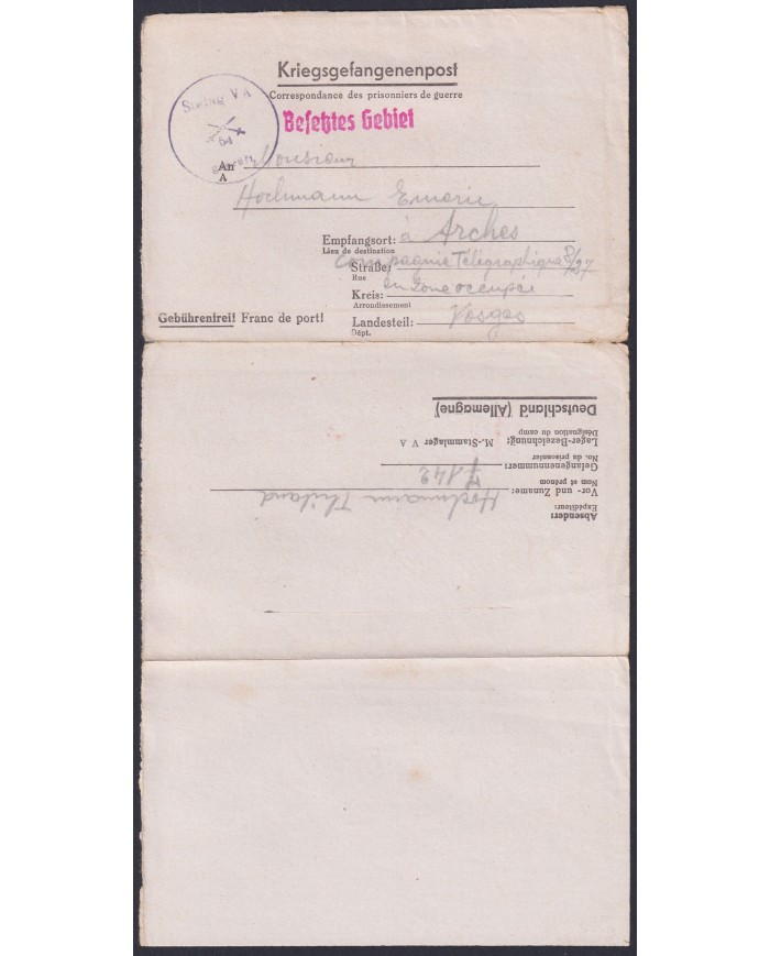 F-EX47813 GERMANY 1943 WWII 64 POW STALAG VA KRIEGSGEFANGENENPOST TO FRANCE.