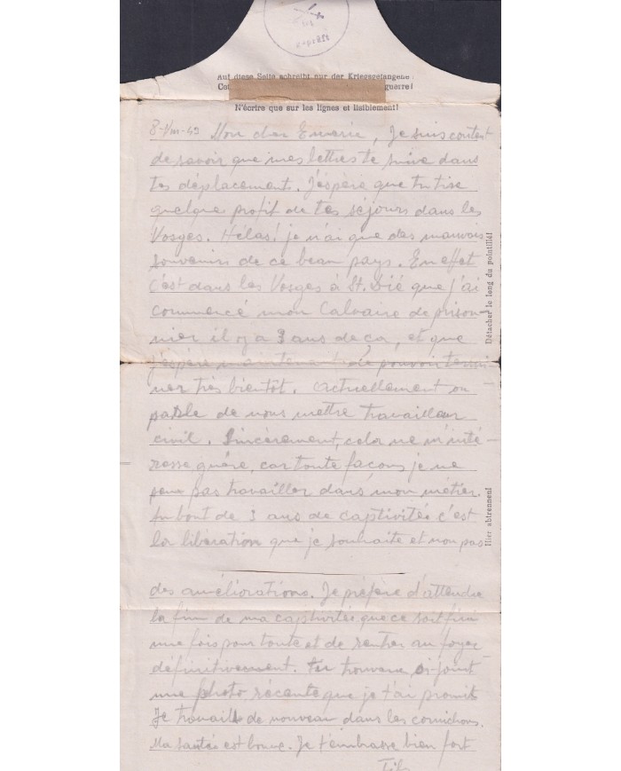 F-EX47813 GERMANY 1943 WWII 64 POW STALAG VA KRIEGSGEFANGENENPOST TO FRANCE.