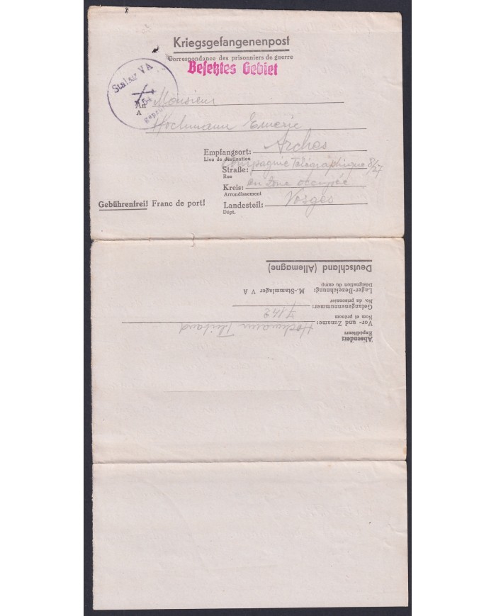 F-EX47814 GERMANY 1943 WWII POW STALAG VA 54 KRIEGSGEFANGENENPOST TO FRANCE.