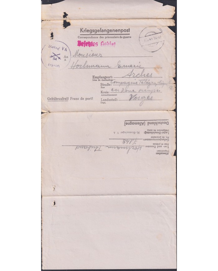F-EX47815 GERMANY 1943 WWII POW STALAG VA 54 KRIEGSGEFANGENENPOST TO FRANCE.