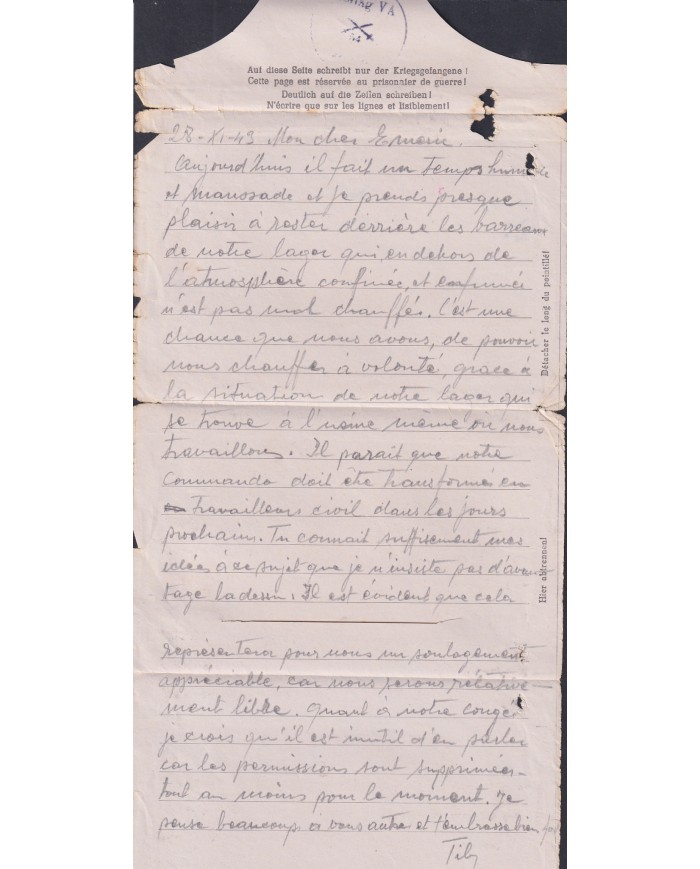 F-EX47815 GERMANY 1943 WWII POW STALAG VA 54 KRIEGSGEFANGENENPOST TO FRANCE.