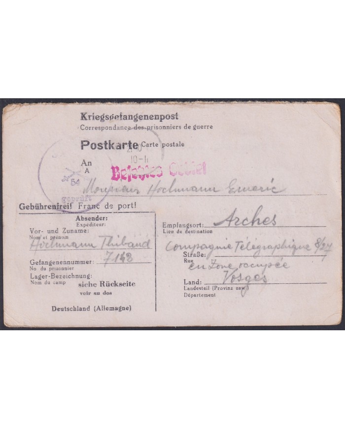 F-EX47816 GERMANY 1943 WWII POW STALAG VA 54 KRIEGSGEFANGENENPOST TO FRANCE.