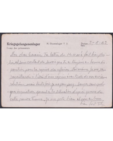 F-EX47816 GERMANY 1943 WWII POW STALAG VA 54 KRIEGSGEFANGENENPOST TO FRANCE.