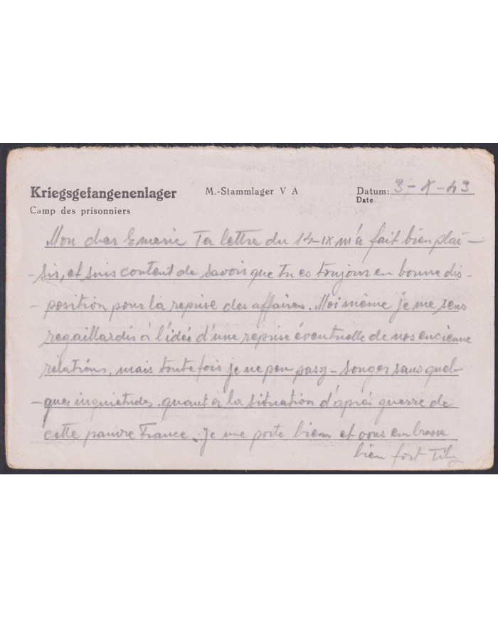 F-EX47816 GERMANY 1943 WWII POW STALAG VA 54 KRIEGSGEFANGENENPOST TO FRANCE.