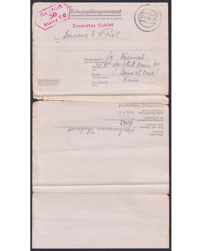 F-EX47817 GERMANY1941 WWII POW STALAG VA 30 KRIEGSGEFANGENENPOST TO FRANCE.
