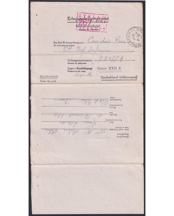 F-EX47820 GERMANY1941 WWII POW STALAG VA 267 KRIEGSGEFANGENENPOST TO FRANCE.