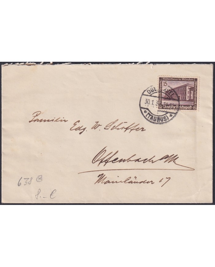 F-EX47858 GERMANY 1937 15c BUILDING TAUNUS COVER.