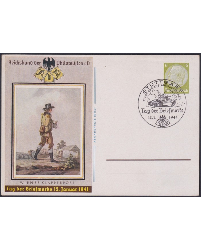 F-EX47884 GERMANY 1941 6pf POSTAL STATIONERY STUTTGART WWII WAR TANK POSTMAN.