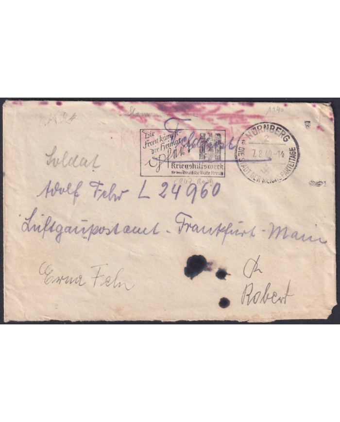 F-EX47892 GERMANY 1940 FREE POST COVER RED CROSS SPECIAL CANCEL NURENBERG
