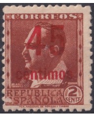 F-EX37775 SPAIN ESPAÑA 1938 MNH NOT ISSUE OVERPRINT RED “45 céntimos”.