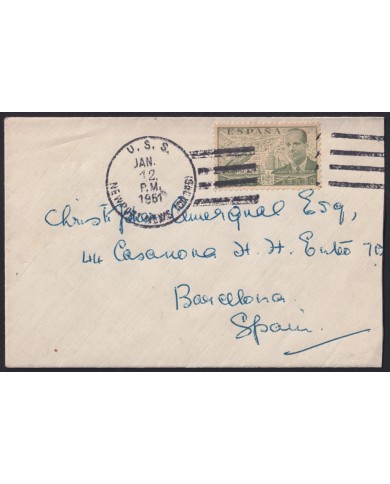 F-EX42780 ESPAÑA SPAIN 1951 USA BATTLESHIP USS NEWPORT NEWS TO BARCELONA.