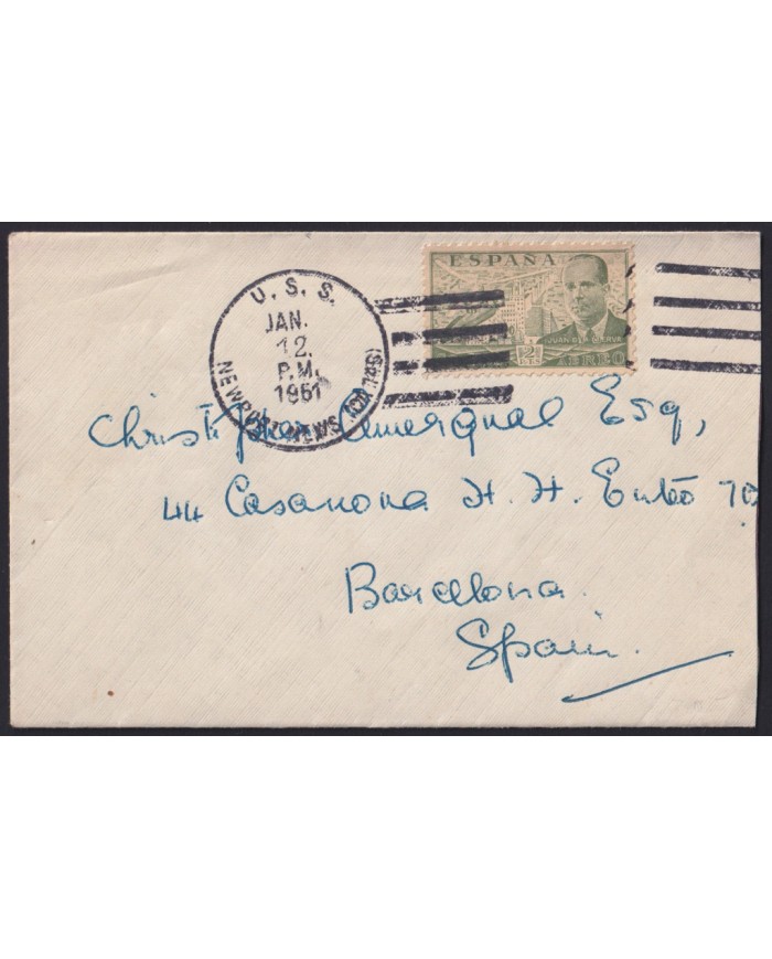 F-EX42780 ESPAÑA SPAIN 1951 USA BATTLESHIP USS NEWPORT NEWS TO BARCELONA.