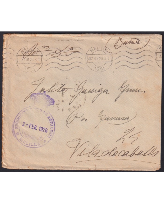 F-EX40943 SPAIN MOROCCO MELILLA 1926 MILITAR POST MAESTRANZA DE ARTILLERIA.