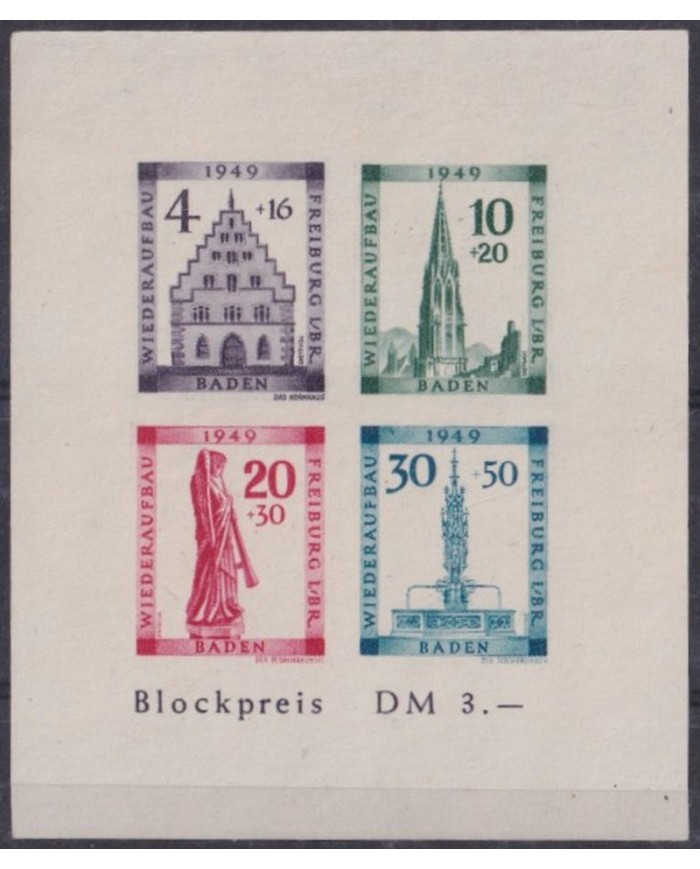 F-EX42239 GERMANY BADEN 1949 IMPERFORATED SHEET NO GUM.