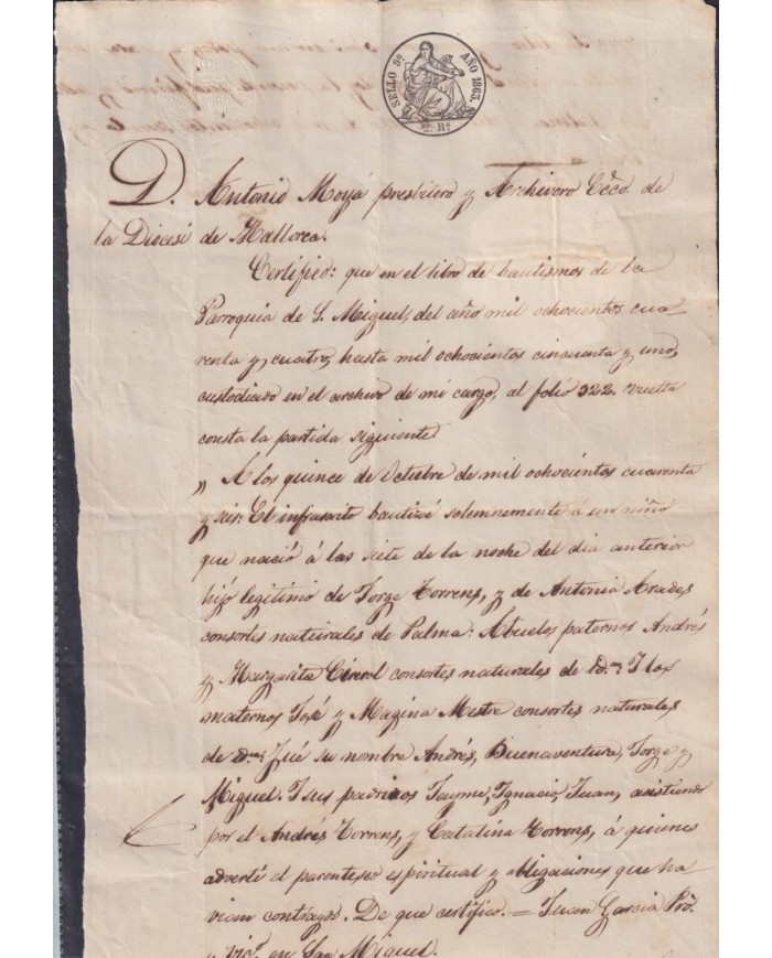 1863-PS-3 ESPAÑA SPAIN REVENUE SEALLED PAPER PAPEL SELLADO 1863 SELLO 9no.