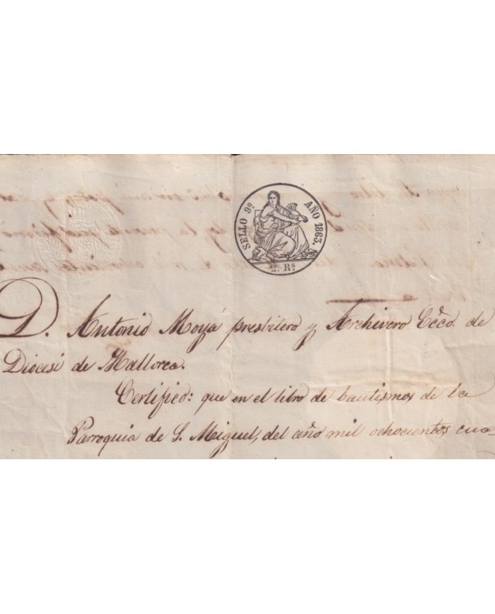 1863-PS-3 ESPAÑA SPAIN REVENUE SEALLED PAPER PAPEL SELLADO 1863 SELLO 9no.