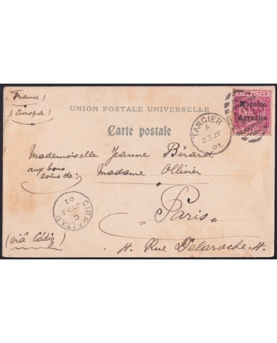F-EX43117 MOROCCO ENGLAND OFFICE MARRUECOS 1902 TANGER TO FRANCE VIA GIBRALTAR.