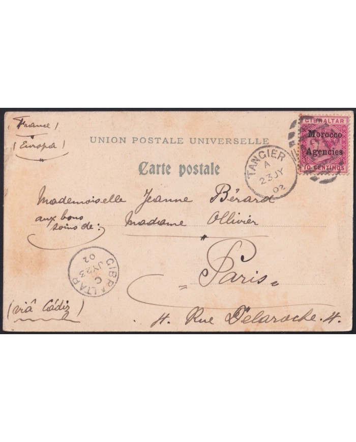 F-EX43117 MOROCCO ENGLAND OFFICE MARRUECOS 1902 TANGER TO FRANCE VIA GIBRALTAR.