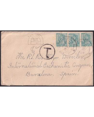 F-EX42236 INDIA 1952 POSTAGE DUE TO SPAIN EXPERIMENTAL CANCEL.