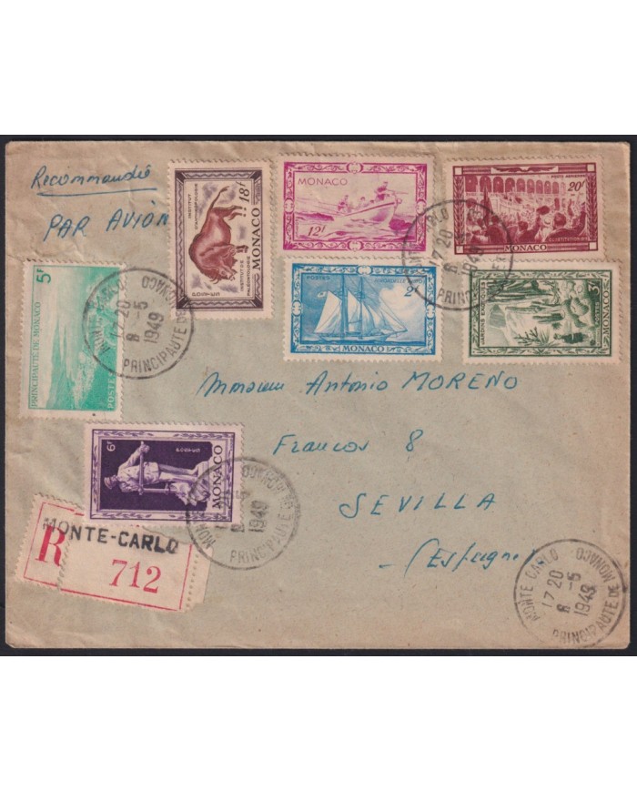 F-EX43119 MONACO 1949 REGISTERED COVER TO SPAIN SHIP.