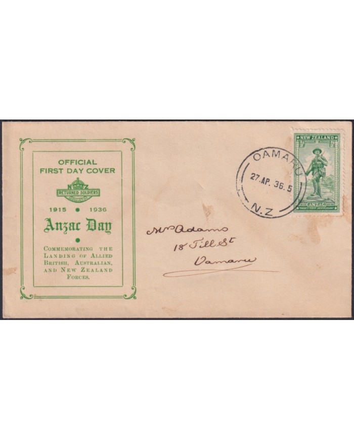 F-EX48540 NEW ZEALAND 1936 FDC ANZAC USED.