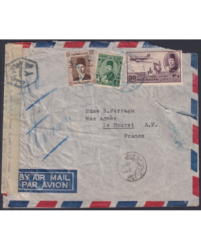 F-EX48594 EGYPT CIRCA 1940 CENSORSHIP FAROUK KING COVER TO FRANCE.