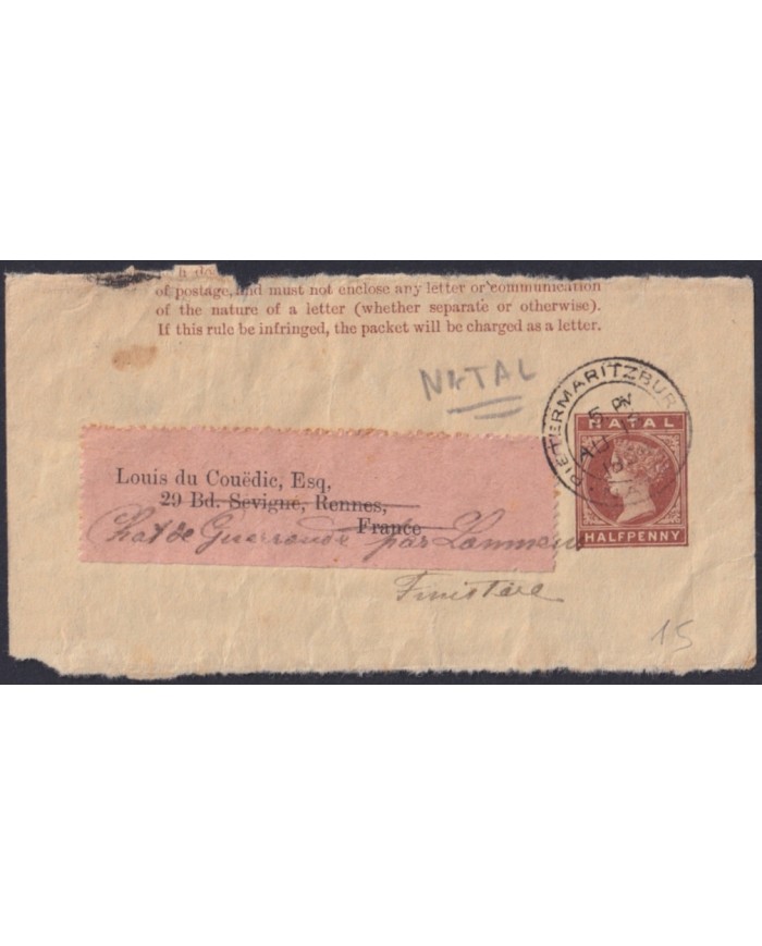 F-EX48605 NATAL ½ c FRONT POSTAL STATIONERY USED TO FRANCE.