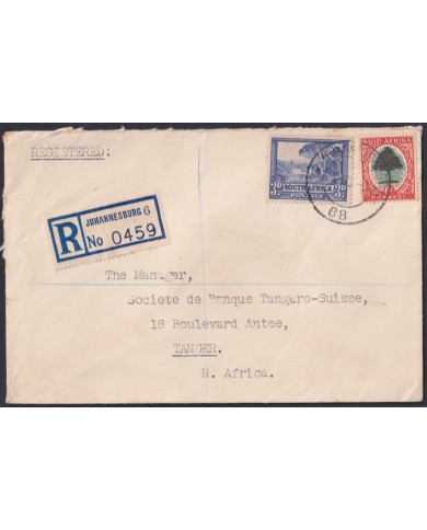 F-EX48618 SOUTH AFRICA 1950 REGISTERED COVER TO TANGER. GREAT RED SEALLED.